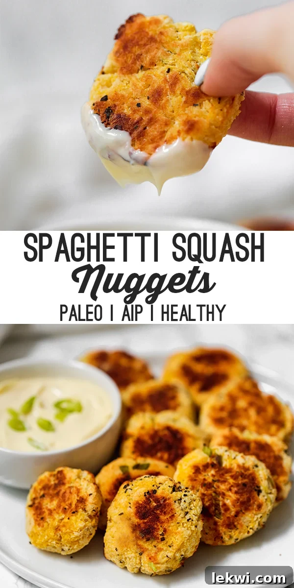 Pinterest-ready image showcasing a plate of healthy spaghetti squash nuggets with a dipping sauce, highlighting their paleo, AIP, and low-carb benefits.