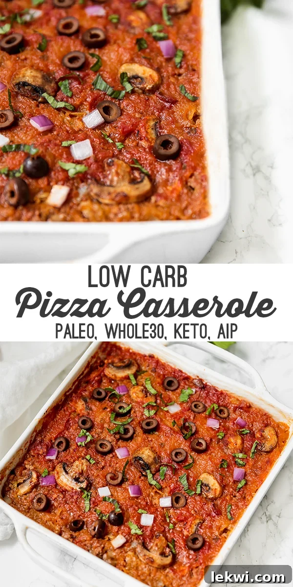 Spaghetti squash pizza casserole overhead shot, perfect for Pinterest.