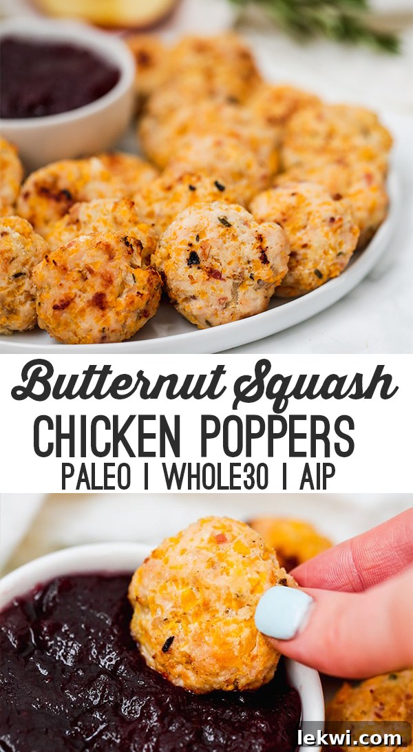 A beautifully arranged plate of butternut squash chicken poppers, highlighting their golden crust and inviting presentation.