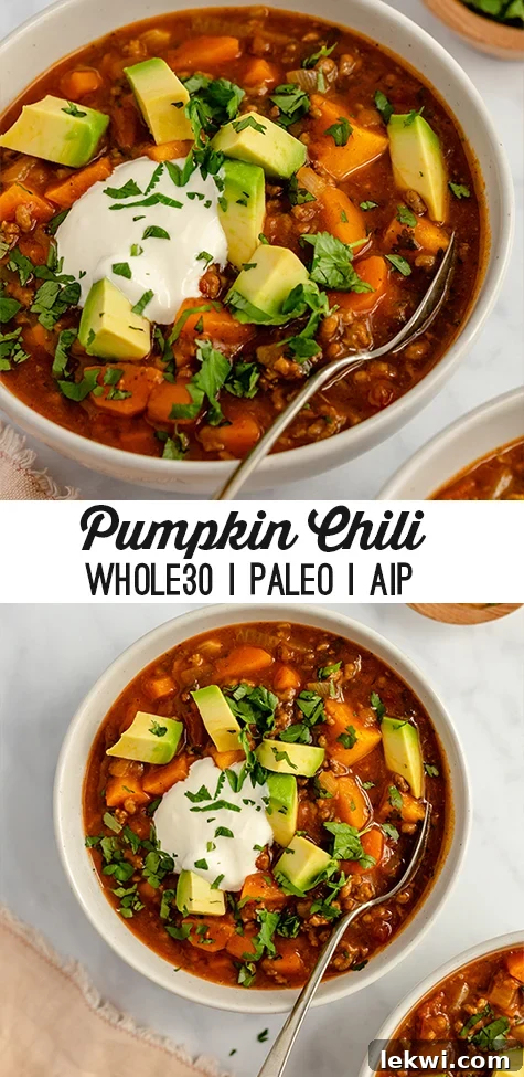 Bowls of pumpkin chili with text reading "pumpkin chili whole30 paleo aip"