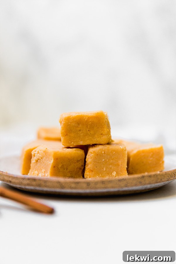 Closeup of a single piece of Paleo Pumpkin Fudge, showing its smooth texture and rich color