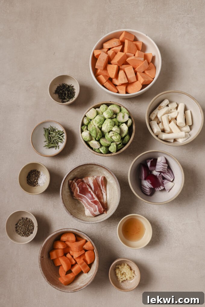 Individual bowls displaying harvest vegetable hash ingredients: sweet potato cubes, parsnip sticks, carrot slices, halved Brussels sprouts, diced red onion, and crispy bacon bits, ready for assembly.