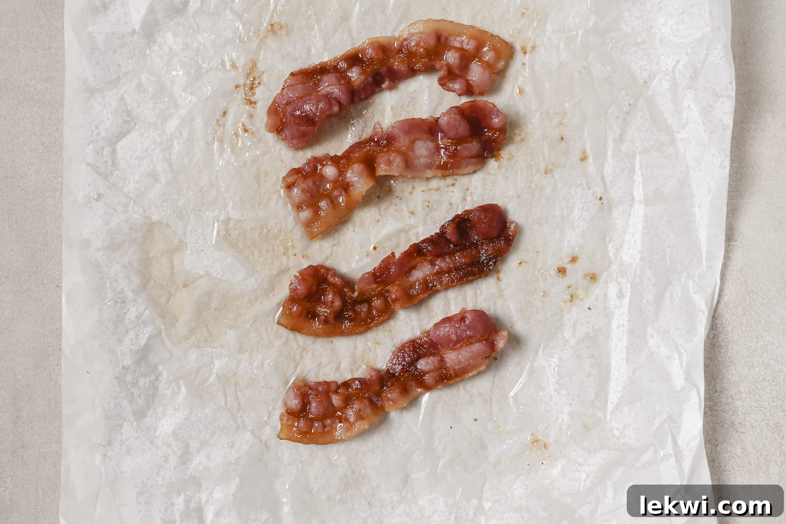 Crispy cooked bacon strips on a baking sheet after being roasted, with some rendered fat remaining.
