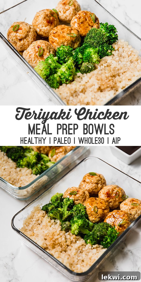 A large, visually appealing image showcasing multiple prepared teriyaki chicken meatball meal prep bowls, ready for consumption.
