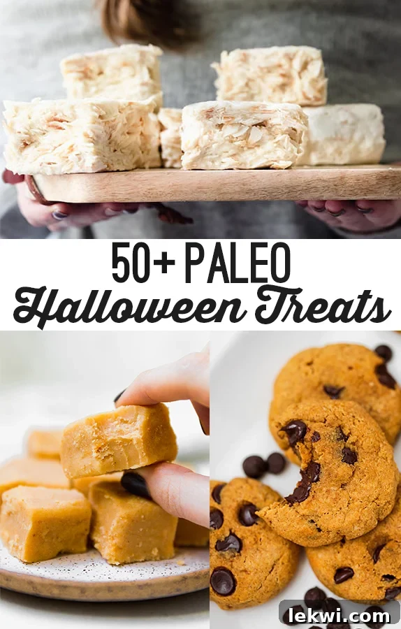 Pictures of pumpkin cookies, fudge and rice crispy treats with text reading \"50+ paleo Halloween treats\".