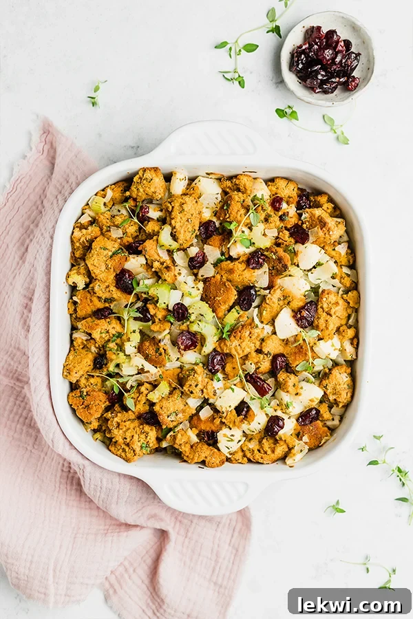 Paleo Thanksgiving cornbread stuffing in a baking dish.