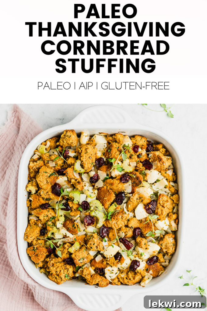 Dish with text \"Paleo Thanksgiving Cornbread Stuffing Paleo | AIP | Gluten-Free.\"