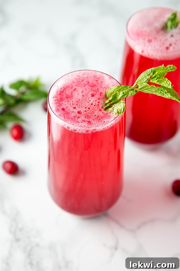 Three glasses of sparkling cranberry mocktail garnished with fresh mint and lime slices.
