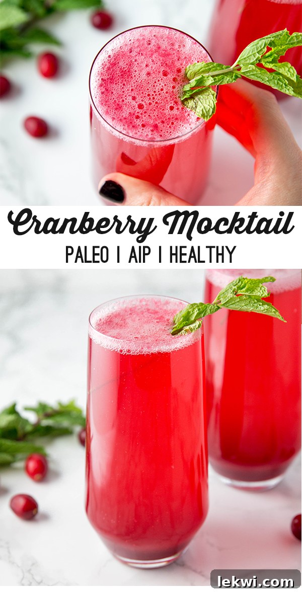 Pinterest-ready image for sparkling cranberry mocktail, with two glasses and a bowl of fresh cranberries.