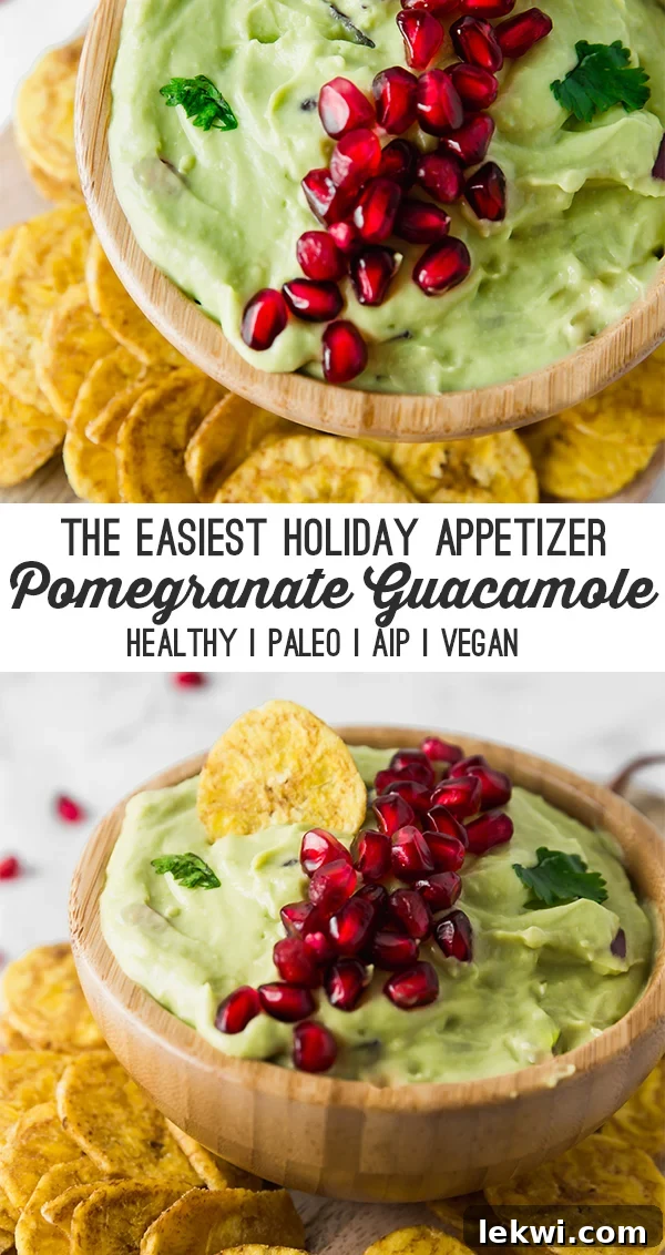 A wooden bowl of pomegranate guacamole surrounded by plantain chips with text reading "the easiest holiday appetizer pomegranate guacamole healthy paleo aip vegan"