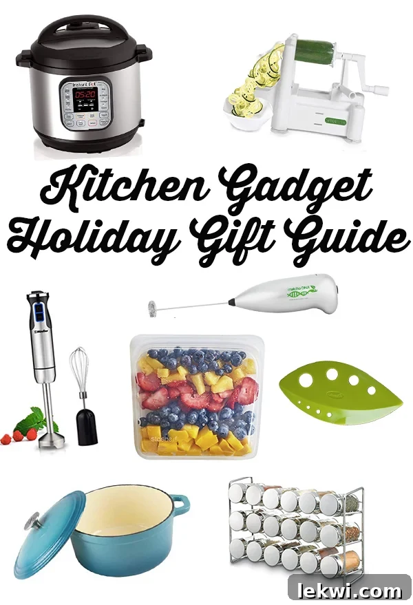 Kitchen gadget holiday gift guides with photos of suggested gifts including an Instantpot, stasher bag, and hand frother.