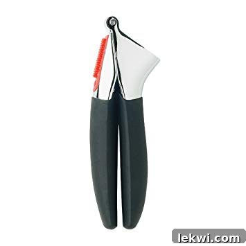 A robust garlic press, ready to mince fresh garlic cloves with ease and efficiency.