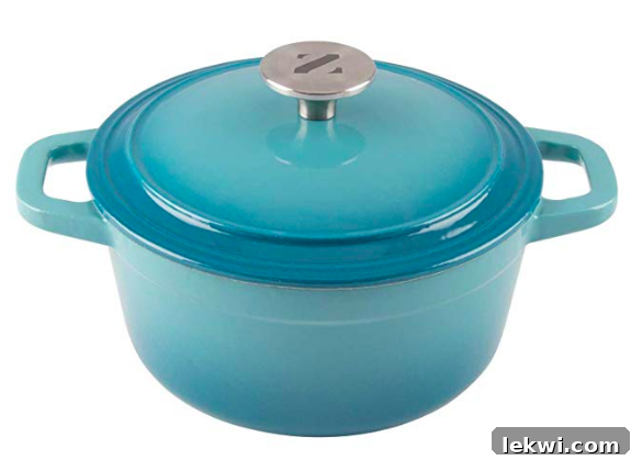 A beautiful blue Dutch oven, symbolizing durability and exceptional heat retention.
