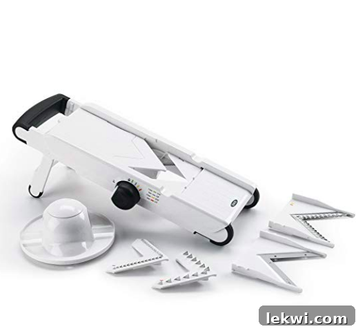 A mandoline slicer demonstrating how to create thin, even slices of vegetables.