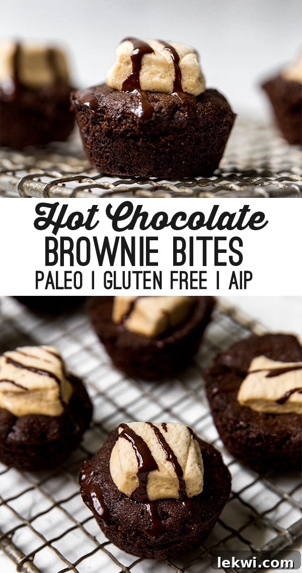 paleo hot chocolate brownie bites, topped with marshmallows, holiday treats