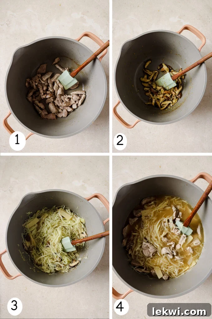 A series of three step-by-step photos showing the process of making hot & sour soup, from sautéing ingredients to simmering.