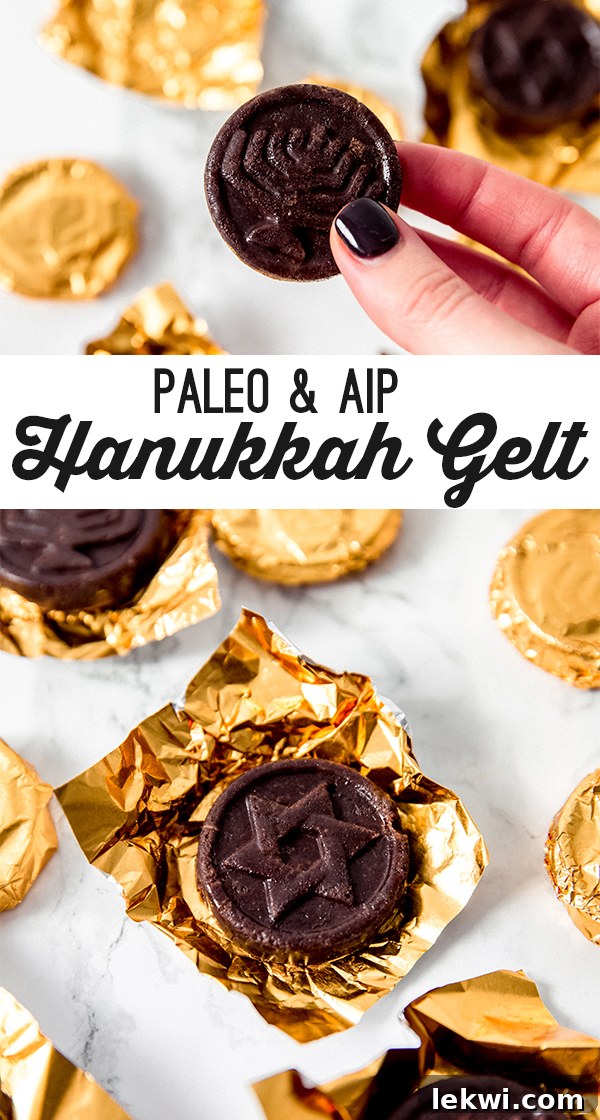 A graphic featuring a piece of Hanukkah gelt in a gold wrapper, surrounded by other gelt pieces, with text reading "Paleo & AIP Hanukkah Gelt" suitable for social media sharing.