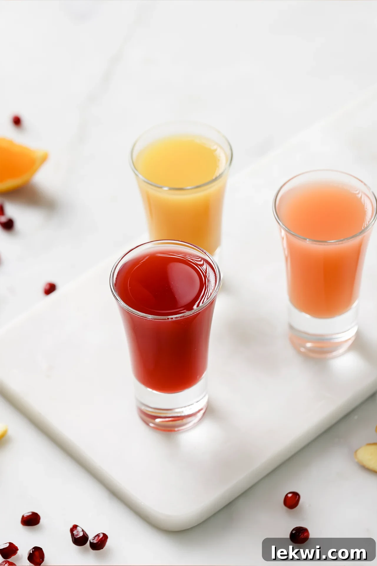 Three apple cider vinegar shots on a platter, ready to be diluted and consumed.