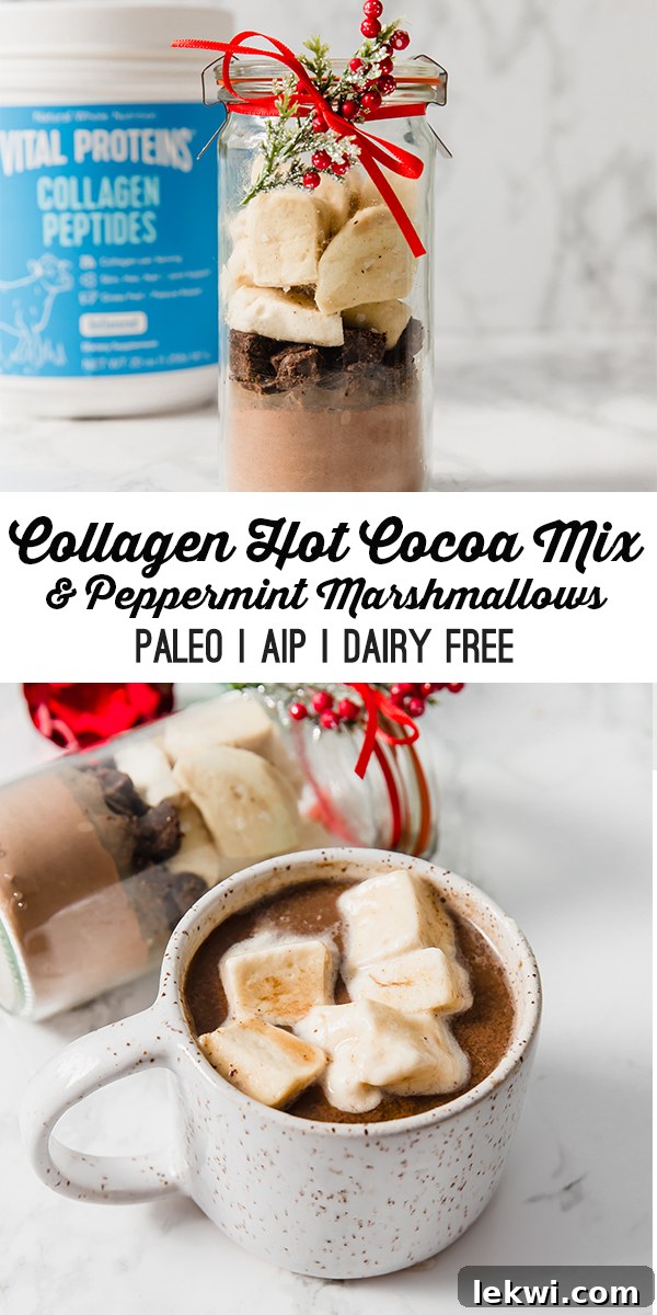 A glass jar with DIY collagen hot cocoa mix with a bow around it, accompanied by text reading "Collagen Hot Cocoa Mix & Peppermint Marshmallows (Paleo & AIP Dairy-Free) – Perfect for Healthy Holiday Gifting!"