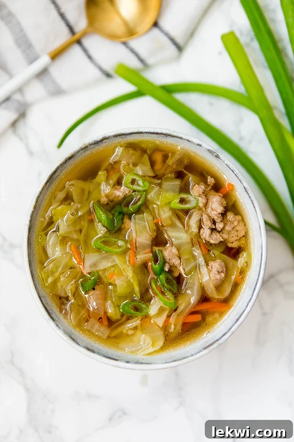 A vibrant bowl of Paleo Egg Roll Soup, featuring a rich, clear broth brimming with shredded chicken, crisp cabbage, and carrots, garnished with fresh green onions and sesame seeds, presented on a dark wooden surface.