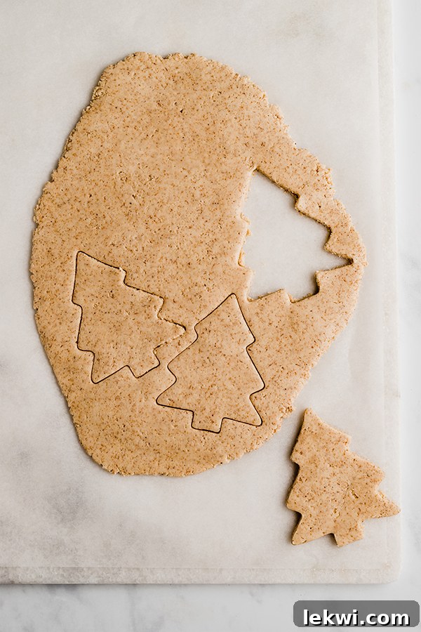 Rolled out sugar cookie dough with a cut out of a Christmas tree taken out and two more inprints from a cookie cutter.