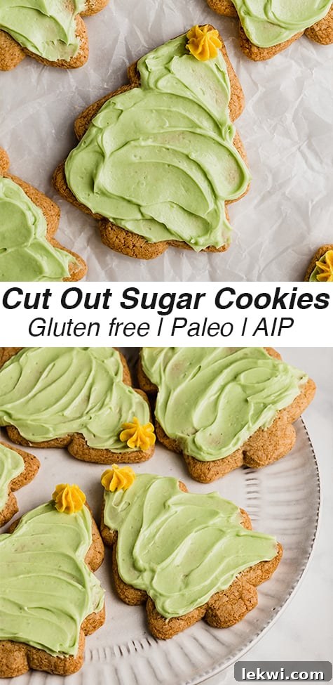 Christmas tree sugar cookie cut outs topped with green icing and text reading \"cut out sugar cookies gluten free paleo AIP\"