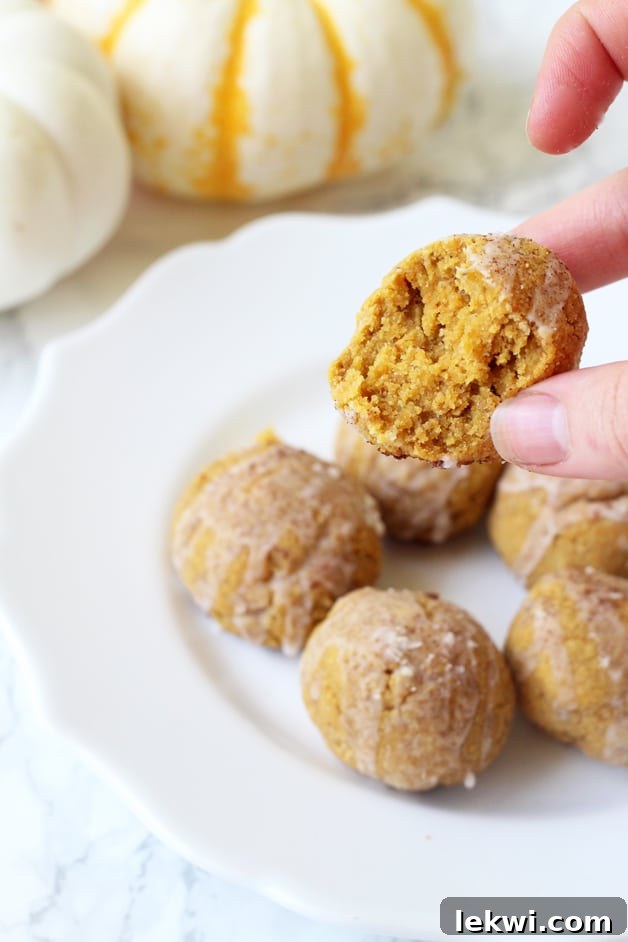 A white plate with pumpkin pie donut holes on it and a hand reaching for one of them.