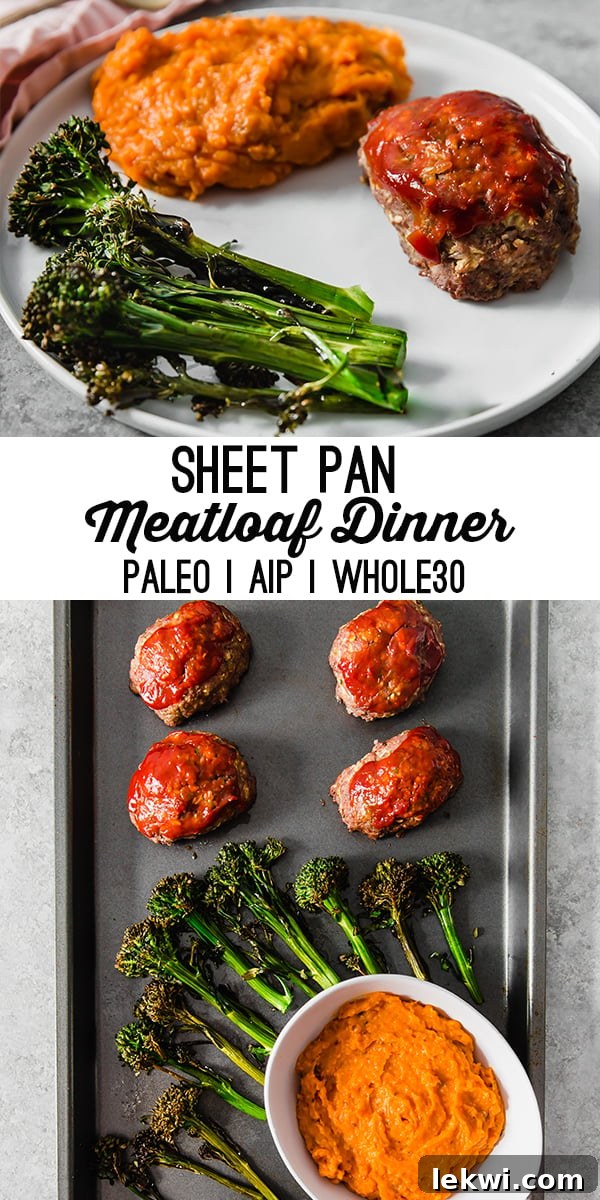 A white plate with mashed sweet potato, roasted broccolini, and slice of meatloaf on it with text reading "sheet pan meatloaf dinner paleo AIP Whole30".