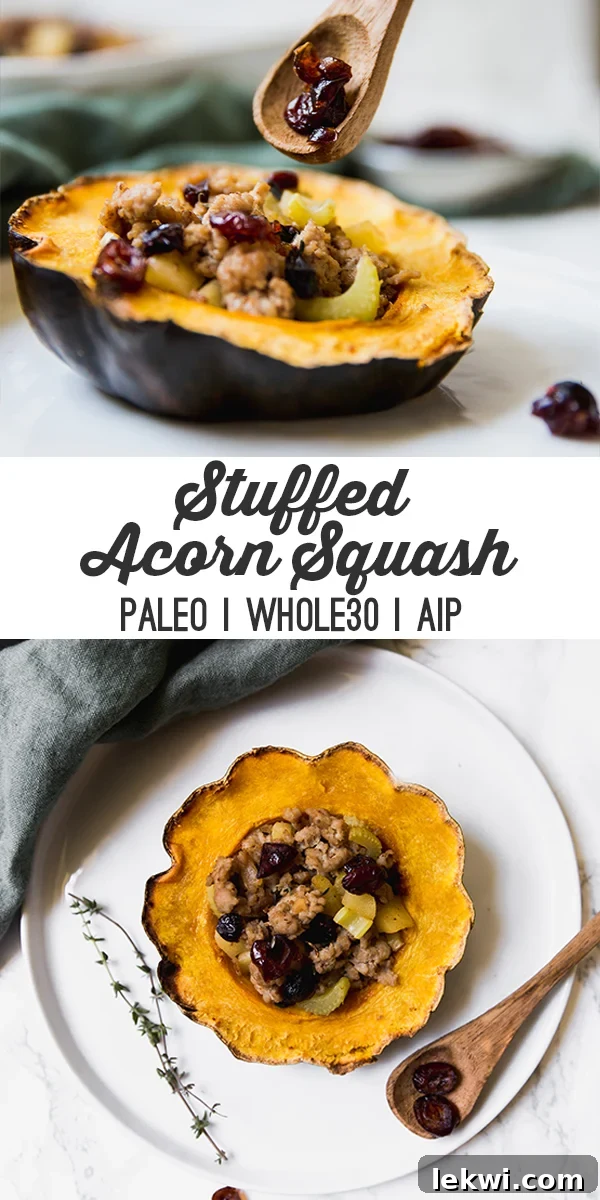 Two photos of stuffed acorn squash with meat, veggies, and dried cranberries