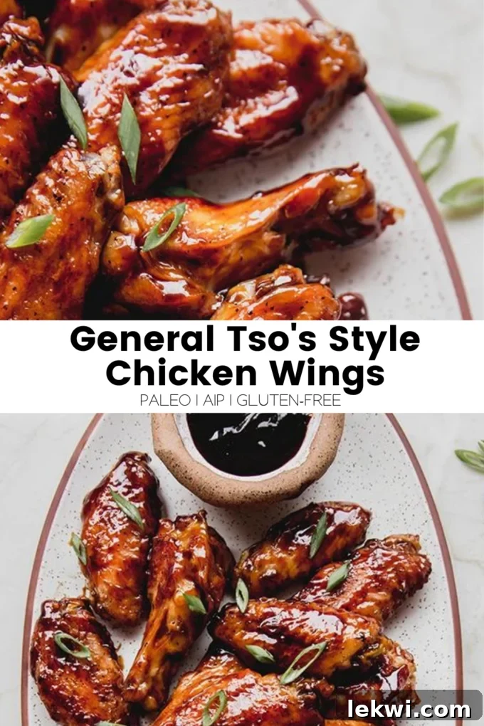 A creative collage displaying the text 'General Tso's Style Chicken Wings Paleo | AIP | Gluten-Free.' with images of the finished dish.