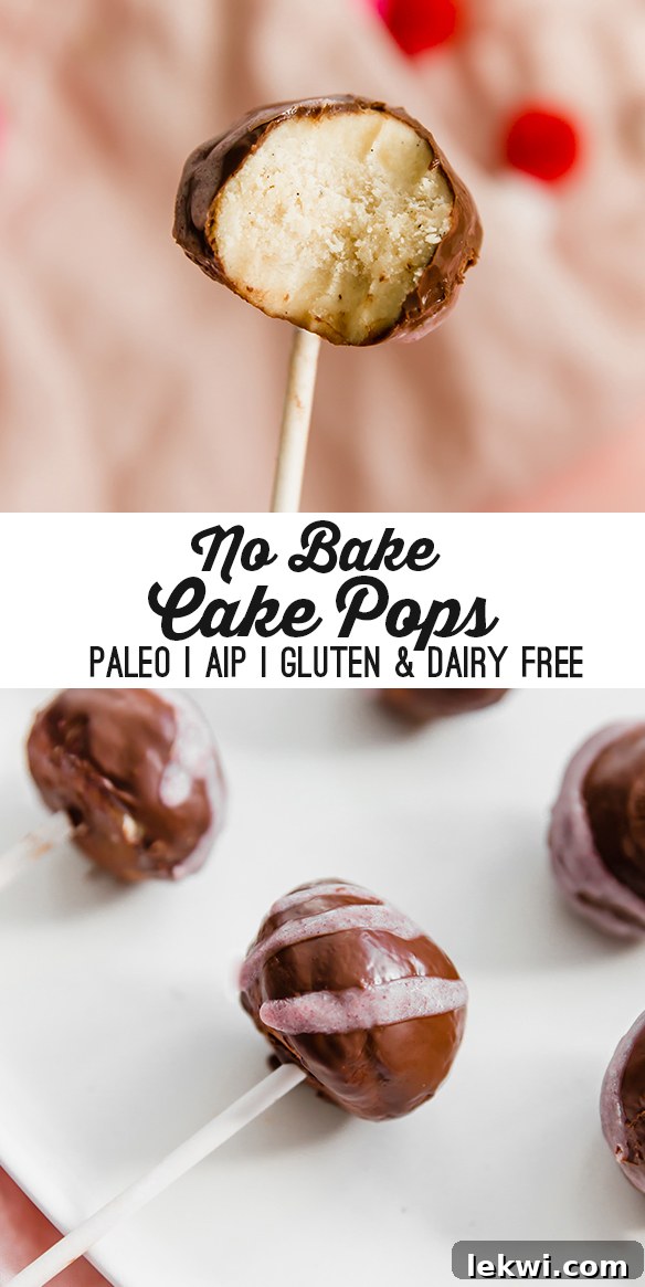 A Pinterest-friendly image showing three no-bake cake pops with pink drizzle and a title 'No-Bake Cake Pops (Paleo, AIP)'.