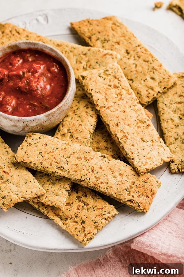 A delightful close-up of golden cauliflower breadsticks arranged on a rustic plate, with a side of rich dipping sauce, showcasing their perfectly baked, textured surface, inviting you to grab one.