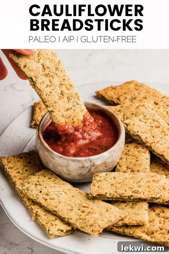 Promotional graphic featuring a breadstick with text: "Cauliflower Breadsticks Paleo | AIP | Gluten-Free. Healthy & Delicious."