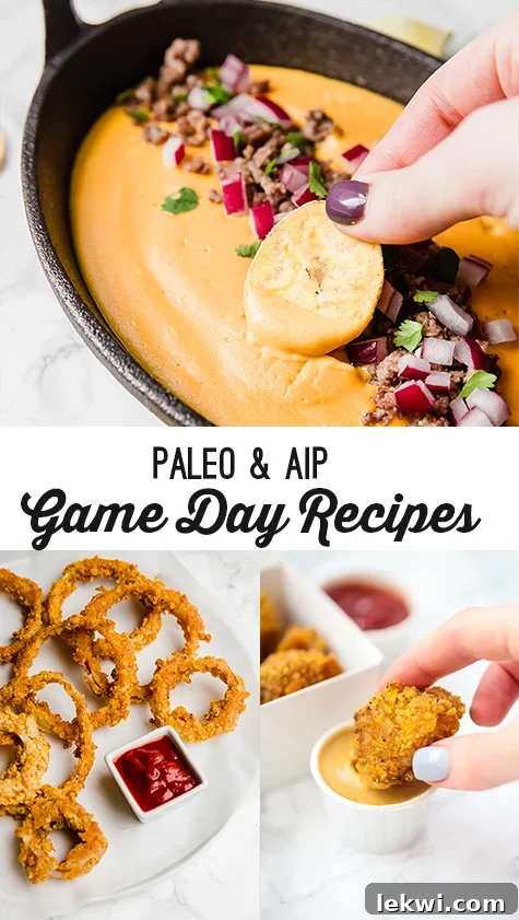 Collage with text "Paleo & AIP Game Day Recipes." showcasing a variety of healthy party foods.