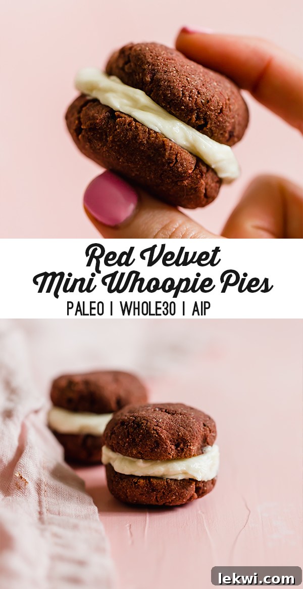 Red Velvet Whoopie Pies on a rustic wooden board.