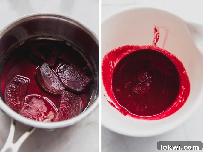 Beets in a pot, followed by an image of blended beets with water in a blender.