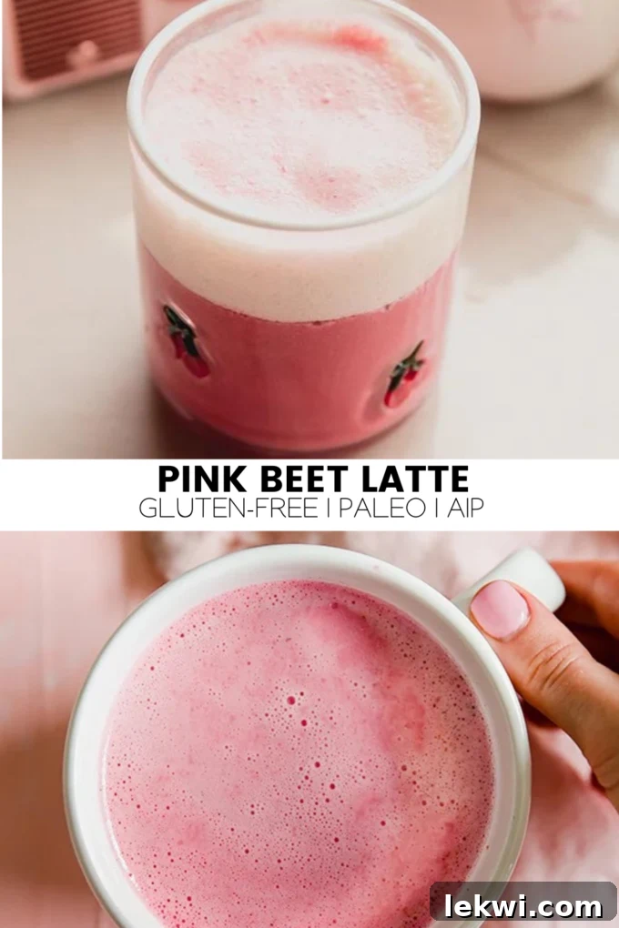 Collage with text "Pink Beet Latte | Paleo | AIP." promoting the recipe.