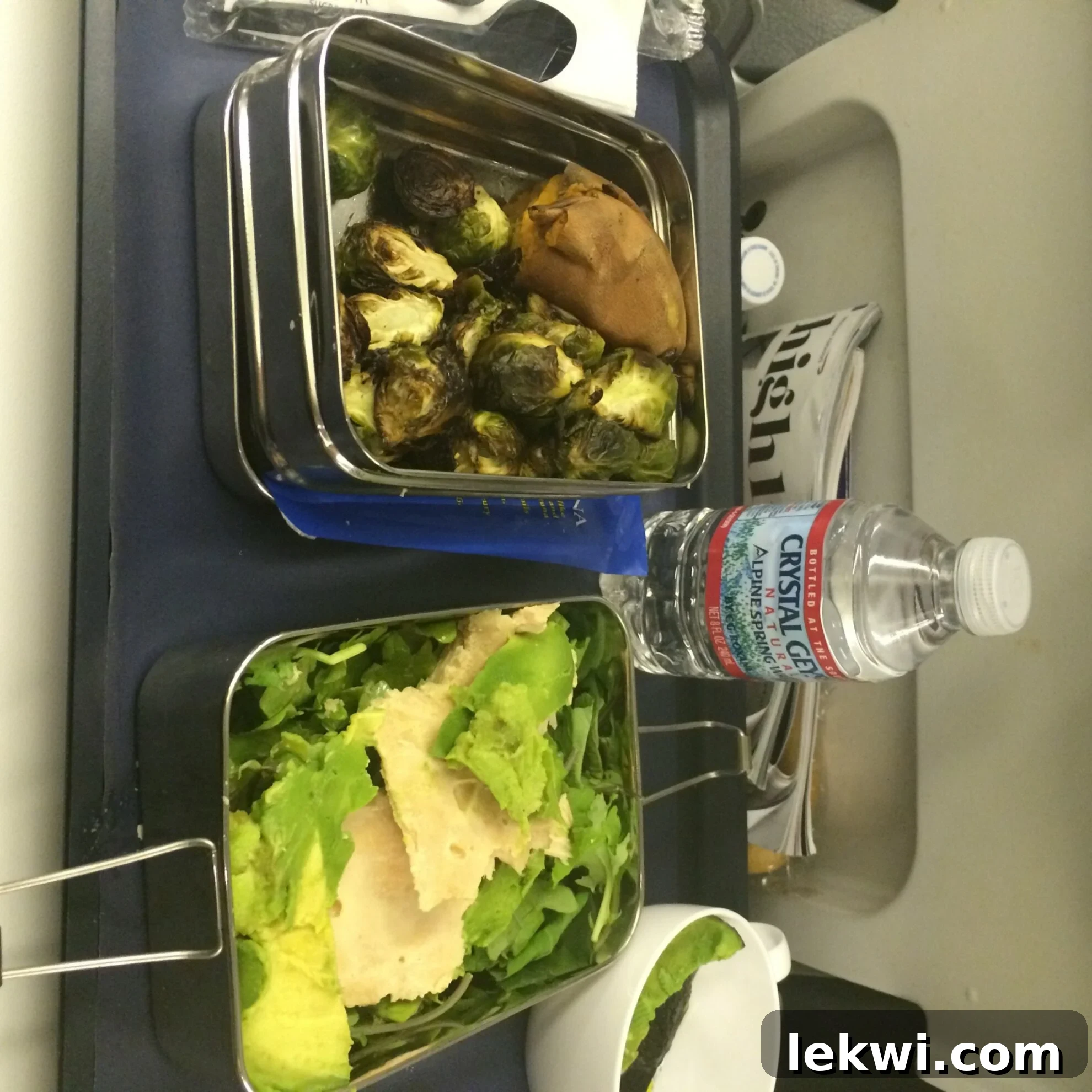 A plane tray table with containers of food on it, including roasted vegetables, tuna, and avocado.