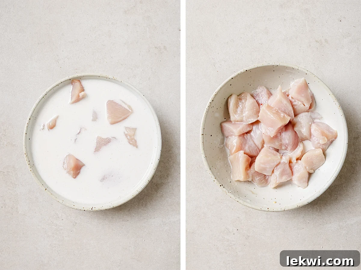 Cubed chicken breast marinating in coconut milk in a bowl, with another image showing the chicken drained.