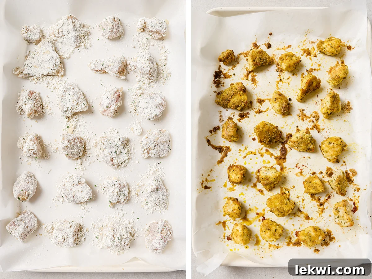 A baking sheet with uncooked crispy Italian chicken nuggets coated in breading, followed by an image of the same nuggets after baking, golden and crispy.