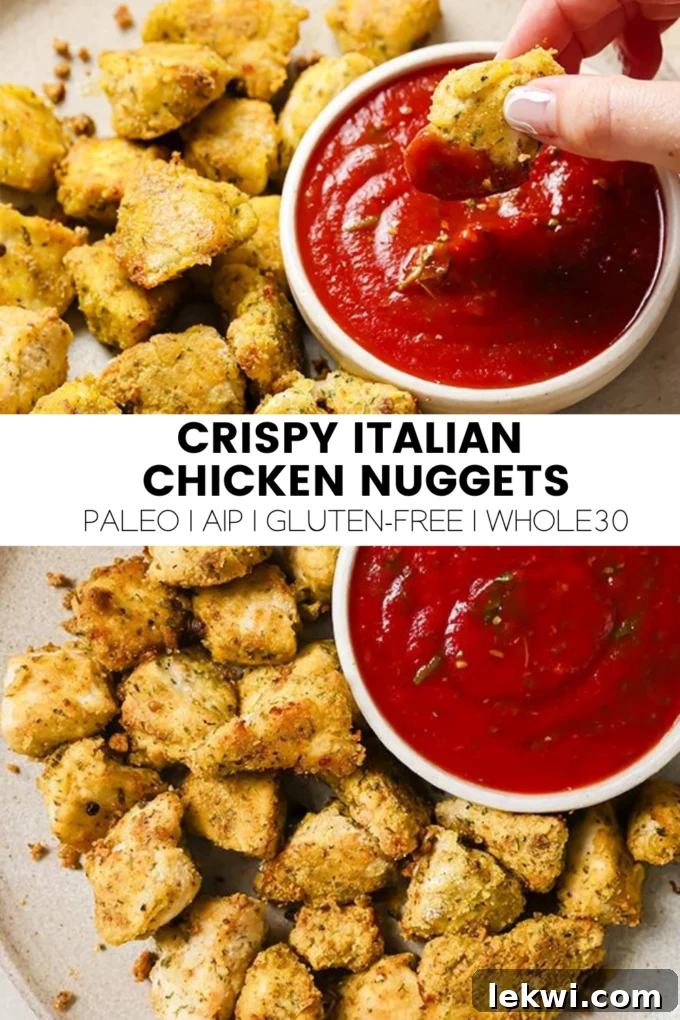 Collage featuring crispy Italian chicken nuggets with text overlay "Crispy Italian Chicken Nuggets Paleo | AIP | Gluten-Free | Whole30."