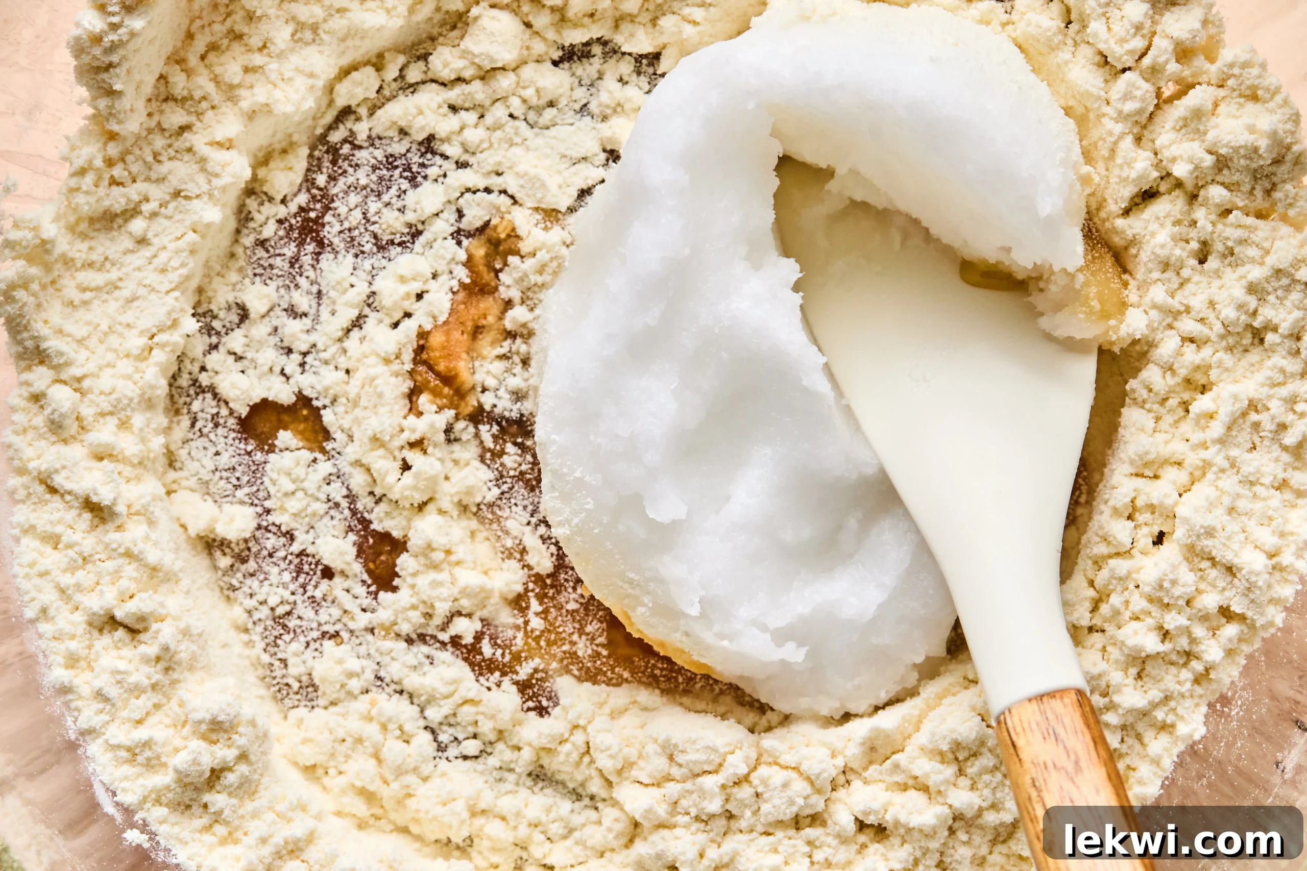 Dry and wet ingredients for the cookie base being meticulously mixed together with a spatula in a clear glass bowl, ensuring a uniform consistency.