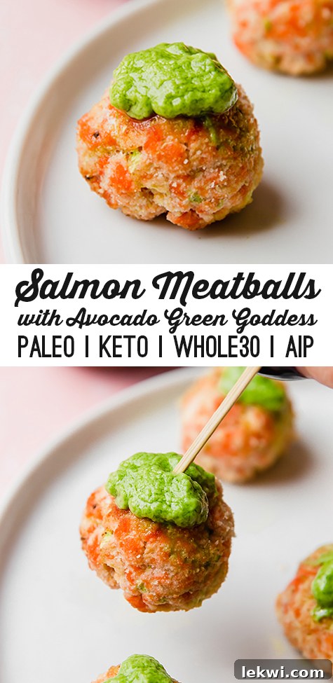 A vibrant, artfully arranged flat lay image showcases a plate of baked salmon meatballs generously topped with creamy avocado green goddess sauce, alongside a fresh lemon half and sprigs of herbs, highlighting the meal's freshness and appeal.