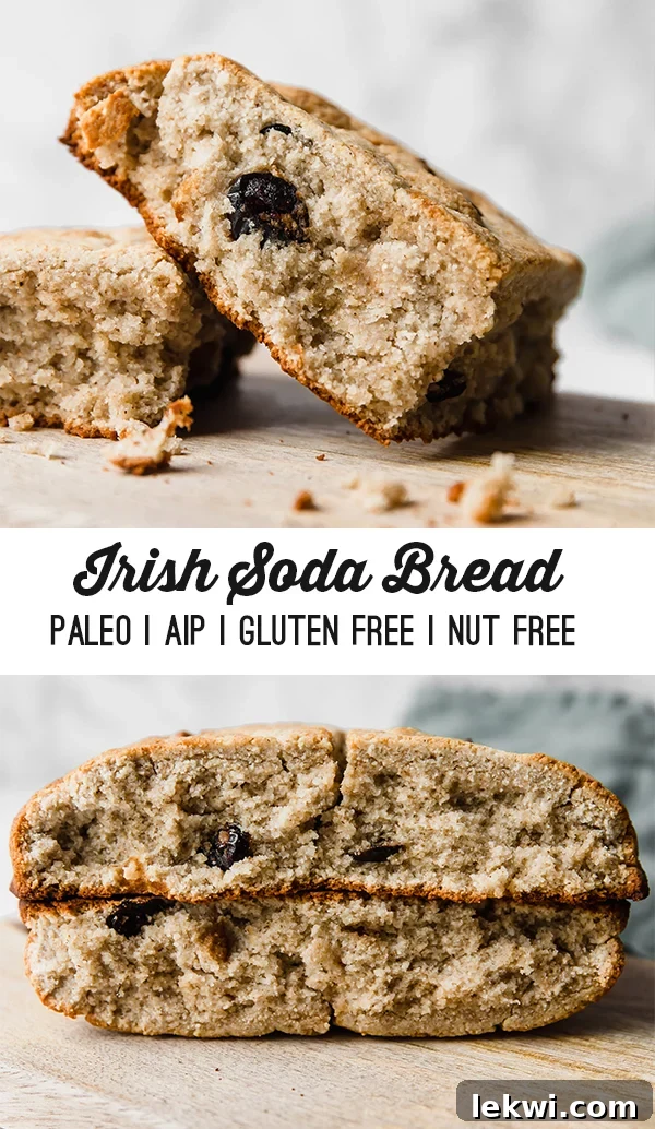 A wooden cutting board with two pieces of Irish soda bread on it with text reading \"Irish soda bread paleo aip gluten free nut free\"
