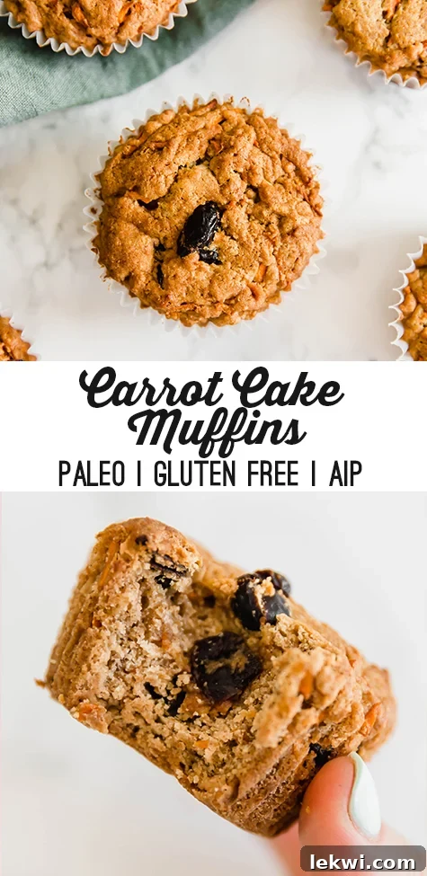 A vibrant Pinterest-optimized image of Carrot Cake Muffins, highlighting their appeal as Paleo, AIP, Gluten-Free, Nut-Free, and Egg-Free. Perfect for sharing healthy and delicious treats.