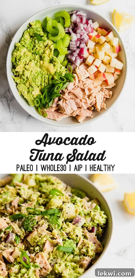 Avocado tuna salad spread on sweet potato toast and in a bowl, perfect for healthy eating.