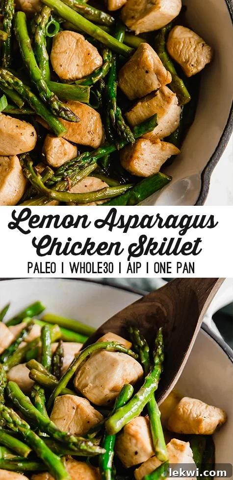 One Pan Lemon Asparagus Chicken Skillet with fresh herbs and lemon slices, presented beautifully in a cooking pan.