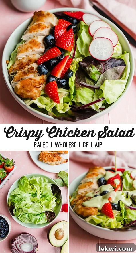 A stunning vertical pin image of the crispy chicken salad, highlighting the layers of crunchy chicken, colorful berries, and fresh greens, perfect for social media sharing.