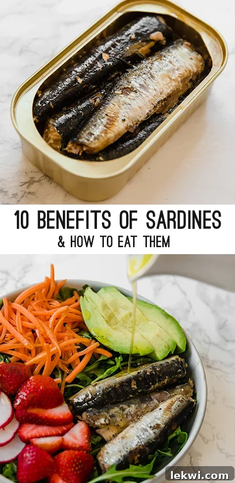 An infographic summarizing the top 10 health benefits of eating sardines, including omega-3s, protein, vitamin D, and calcium.