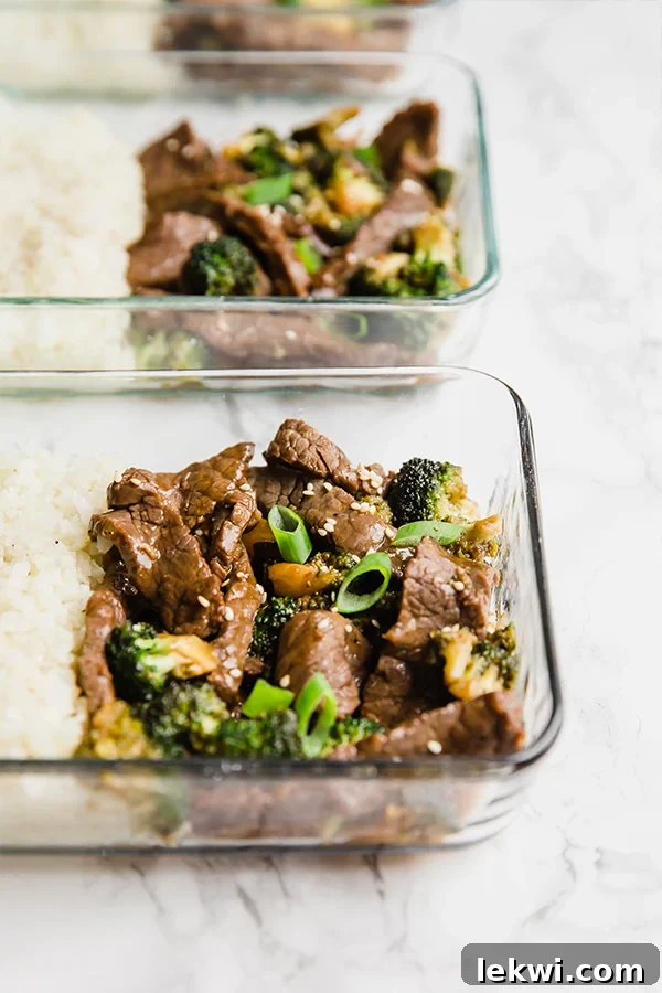 Arranged Healthy Beef & Broccoli Meal Prep containers